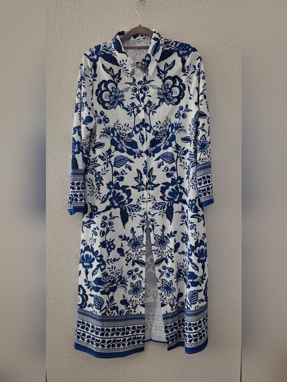Blue and White Floral Button-Front Shirt Dress